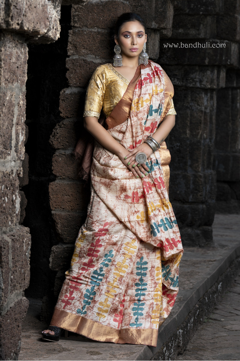 Virgin Tussar Color Crack Wax Batik Saree
